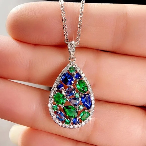 Blue & Green Crystal Teardrop Necklace - Picture 7 of 10